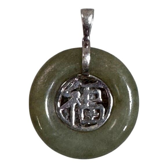 Sterling Silver Chinese Happiness Symbol Light Green Jade Pendant 925 Vintage - Picture 1 of 6